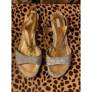 EUC Leifsdottir Gold Aqua Brocade T-Strap Chain Flat Sandals 38 1/2 8.5
